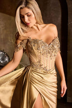 CD CDS554 - Off the Shoulder Stretch Satin Fit & Flare Prom Gown with Beaded Sheer Boned Bodice & V Neckline & Leg Slit - Diggz Formals