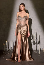 CD CDS554 - Off the Shoulder Stretch Satin Fit & Flare Prom Gown with Beaded Sheer Boned Bodice & V Neckline & Leg Slit - Diggz Formals
