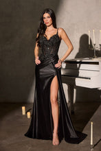 CD CDS556 - Stretch Satin Fit & Flare Prom Gown with Bead Embellished Lace Bodice Leg Slit & Side Sash PROM GOWN Cinderella Divine 0 Black