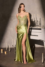 CD CDS556 - Stretch Satin Fit & Flare Prom Gown with Bead Embellished Lace Bodice Leg Slit & Side Sash PROM GOWN Cinderella Divine 0 Greenery