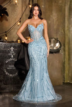 CD CDS557 - Strapless Linear Beaded Fit & Flare Prom Gown with Floral Appliqued Corset Bodice & Open Lace Up Back PROM GOWN Cinderella Divine 0 light blue