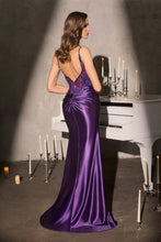 CD CDS559 - Satin Fit & Flare Prom Gown with Beaded Embellished Sheer Boned Bodice & V Neckline & Leg Slit PROM GOWN Cinderella Divine
