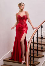 CD CDS559 - Satin Fit & Flare Prom Gown with Beaded Embellished Sheer Boned Bodice & V Neckline & Leg Slit PROM GOWN Cinderella Divine 0 Red