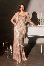 CD CDS563 - Fringed Off the Shoulder Great Gatsby Inspired Flapper Fit & Flare Prom Gown with Sheer Intricate Detailed Corset Bodice & Sheer Back PROM GOWN Cinderella Divine 2 Rose gold