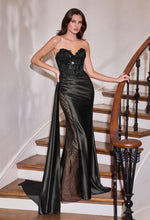 CD CDS565 - Strapless Stretch Satin Fit & Flare Prom Gown with Sheer Beaded Lace Appliqued Bodice Side Sash & Sheer Bead Embellished Leg Slit PROM GOWN Cinderella Divine 0 Black