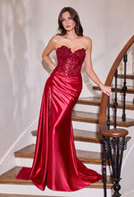 CD CDS565 - Strapless Stretch Satin Fit & Flare Prom Gown with Sheer Beaded Lace Appliqued Bodice Side Sash & Sheer Bead Embellished Leg Slit PROM GOWN Cinderella Divine 0 Burgundy