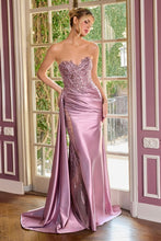 CD CDS565 - Strapless Stretch Satin Fit & Flare Prom Gown with Sheer Beaded Lace Appliqued Bodice Side Sash & Sheer Bead Embellished Leg Slit PROM GOWN Cinderella Divine