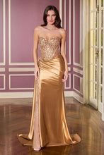 CD CDS565 - Strapless Stretch Satin Fit & Flare Prom Gown with Sheer Beaded Lace Appliqued Bodice Side Sash & Sheer Bead Embellished Leg Slit PROM GOWN Cinderella Divine 0 Gold