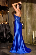 CD CDS565 - Strapless Stretch Satin Fit & Flare Prom Gown with Sheer Beaded Lace Appliqued Bodice Side Sash & Sheer Bead Embellished Leg Slit PROM GOWN Cinderella Divine