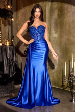 CD CDS565 - Strapless Stretch Satin Fit & Flare Prom Gown with Sheer Beaded Lace Appliqued Bodice Side Sash & Sheer Bead Embellished Leg Slit PROM GOWN Cinderella Divine