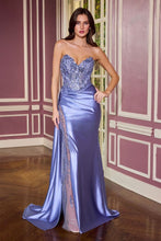 CD CDS565 - Strapless Stretch Satin Fit & Flare Prom Gown with Sheer Beaded Lace Appliqued Bodice Side Sash & Sheer Bead Embellished Leg Slit PROM GOWN Cinderella Divine 0 Smoky Blue