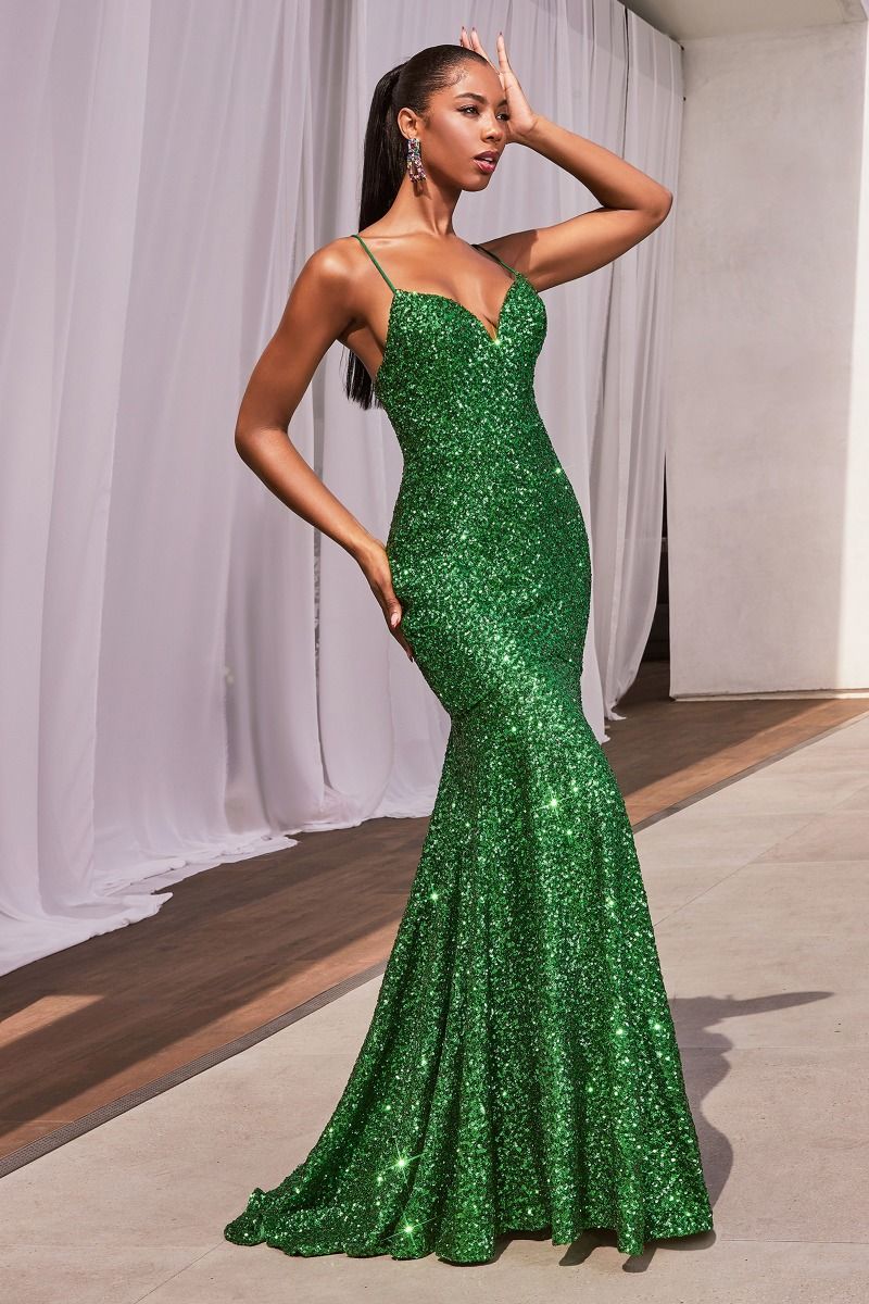 CD CH066 - Full Sequin Fit & Flare Prom Gown with V-Neck & Open
