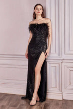 CD CH147 - Strapless Fit & Flare Feathered Prom Gown with Ruched Waist & High Leg Slit PROM GOWN Cinderella Divine XS BLACK 