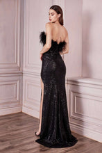 CD CH147 - Strapless Fit & Flare Feathered Prom Gown with Ruched Waist & High Leg Slit PROM GOWN Cinderella Divine   