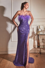 CD CH147 - Strapless Fit & Flare Feathered Prom Gown with Ruched Waist & High Leg Slit PROM GOWN Cinderella Divine   
