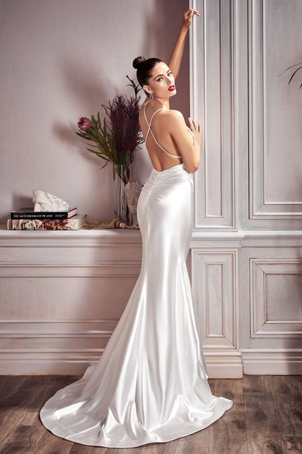 CD CH236W- Stretch Satin Fit & Flare Wedding Gown with Gathered Ruched –  Diggz Formals