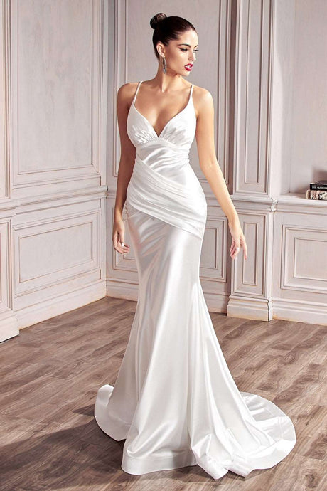CD CH236W- Stretch Satin Fit & Flare Wedding Gown with Gathered Ruched Waist & Criss Cross Strappy Back Wedding Gown Cinderella Divine   