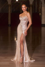 CD CK918 - Fully Beaded Stretch Satin Fit & Flare Prom Gown with Boned Cowl Neck Bodice Leg Slit & Lace Up Back - Diggz Formals