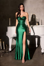 CD CK918 - Fully Beaded Stretch Satin Fit & Flare Prom Gown with Boned Cowl Neck Bodice Leg Slit & Lace Up Back - Diggz Formals