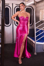 CD CK918 - Fully Beaded Stretch Satin Fit & Flare Prom Gown with Boned Cowl Neck Bodice Leg Slit & Lace Up Back - Diggz Formals