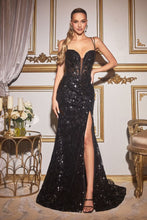 CD CM334 - Sequin Printed Fit & Flare Prom Gown with Sheer Boned Corset V-Neck Bodice & Leg Slit PROM GOWN Cinderella Divine 2 BLACK 