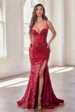 CD CM334 - Sequin Printed Fit & Flare Prom Gown with Sheer Boned Corset V-Neck Bodice & Leg Slit PROM GOWN Cinderella Divine 2 RED 