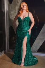 CD CM334C - Plus Size Sequin Patterned Fit & Flare Prom Gown with Plunging V-Neck & Leg Slit PROM GOWN Cinderella Divine 18 EMERALD 