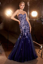 CD CM340 - Strapless Floral Motif Mermaid Prom Gown with Sweetheart Neckline & Tulle Layered Skirt PROM GOWN CINDERELLA DIVINE Navy 2 