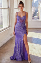 CD CM342 - Iridescent Sequin Fit & Flare Prom Gown with Sheer Corset Bodice Leg Slit & Lace Up Corset Back PROM GOWN Cinderella Divine 2 PURPLE 