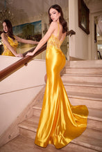 CD CM343 - Yellow Satin Embellished Fit & Fare Prom Gown with Sheer Boned Cowl Neck Bodice & Leg Slit PROM GOWN Cinderella Divine 2 YELLOW 