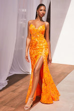 CD CM350 - Sequin Printed Fit & Flare Prom Gown with Sheer Corset Bodice Leg Slit & Lace Up Back PROM GOWN Cinderella Divine 2 ORANGE 