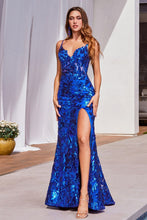 CD CM350 - Sequin Printed Fit & Flare Prom Gown with Sheer Corset Bodice Leg Slit & Lace Up Back PROM GOWN Cinderella Divine 2 ROYAL BLUE 