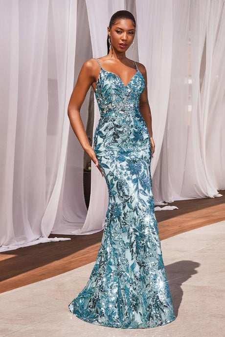 CD CM350 - Sequin Printed Fit & Flare Prom Gown with Sheer Corset Bodice Leg Slit & Lace Up Back