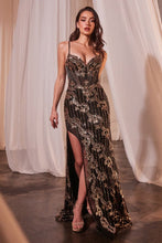 CD CM358 - Gold Lace & Glitter Embellished Fit & Flare Prom Gown with V-Neck & Leg Slit PROM GOWN CINDERELLA DIVINE   