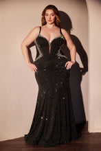 CD CM365C - Plus Size Stretch Shimmer Jersey Fit & Flare Prom Gown with Sheer Cut-Out Rhinestone Embellished Sides & Sweetheart Neck PROM GOWN Cinderella Divine 18 Black