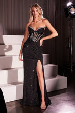 CD CM367 - Strapless Crystal Embellished Fit & Flare Prom Gown with Sheer Accented Bodice Lace-up Back & Leg Slit PROM GOWN Cinderella Divine Black 0