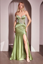 CD CM368 - Strapless Satin Fit & Flare Prom Gown with Sheer Crystal Embellished Bodice Lace Up Corset Back & Leg Slit PROM GOWN Cinderella Divine Greenery 0