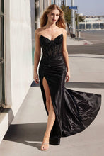 CD CM369 - Strapless Shimmer Stretch Taffeta Fit & Flare Prom Gown with Sheer Beaded Lace Embellished Bodice & Leg Slit PROM GOWN CINDERELLA DIVINE 0 Black