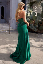 CD CM369 - Strapless Shimmer Stretch Taffeta Fit & Flare Prom Gown with Sheer Beaded Lace Embellished Bodice & Leg Slit PROM GOWN Cinderella Divine 0 Emerald