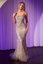 CD CM371 - Sequin & Crystal Silver Fit & Flare Prom Gown with Sheer Scoop Neck Bodice PROM GOWN Cinderella Divine