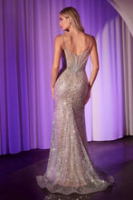 CD CM371 - Sequin & Crystal Silver Fit & Flare Prom Gown with Sheer Scoop Neck Bodice PROM GOWN Cinderella Divine