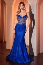 CD CM372 - Stretch Taffeta Fit & Flare Prom Gown with Beaded Lace Applique Bodice & Open Lace-up Back PROM GOWN Cinderella Divine Royal Blue 0