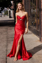 CD CM378 - Strapless Stretch Satin Fit & Flare Prom Gown with Sheer Key Hole Bodice Leg Slit & Lace Up Corset Back PROM GOWN Cinderella Divine 2 Red