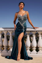 CD CM383 - Stretch Shimmer Satin Fit & Flare Prom Gown with Crystal Accented Bodice Leg Slit & Lace Up Corset Back PROM GOWN Cinderella Divine 0 Peacock