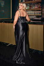 CD CM383C - Plus Size Stretch Shimmer Satin Fit & Flare Prom Gown with Crystal Accented Bodice Leg Slit & Lace Up Corset Back PROM GOWN Cinderella Divine