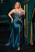 CD CM383C - Plus Size Stretch Shimmer Satin Fit & Flare Prom Gown with Crystal Accented Bodice Leg Slit & Lace Up Corset Back PROM GOWN Cinderella Divine 18 Peacock