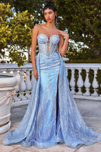 CD CM384 - Strapless Glitter Print Fit & Flare prom Gown with Rhinestone Trimmed Bodice Lace Up Corset Back & Overskirt PROM GOWN Cinderella Divine 0 light blue