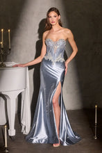 CD CM392 - Strapless Beaded Applique Fit & Flare Prom Gown with Crystal Accented Corset Bodice Leg Slit & Optional Glitter Tulle Overskirt PROM GOWN Cinderella Divine 2 Dusty Blue
