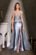 CD CM392 - Strapless Beaded Applique Fit & Flare Prom Gown with Crystal Accented Corset Bodice Leg Slit & Optional Glitter Tulle Overskirt PROM GOWN Cinderella Divine