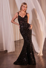 CD CR381 - Sequin Patterned Velvet Fit & Flare Prom Gown with Sheer V-Neck Bodice & Spaghetti Straps PROM GOWN CINDERELLA DIVINE 4 Black 